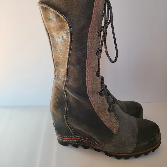 Sorel Cate The Great Wedge Tall Stylish Lace-Up Boots with Red Stitching - Picture 13 of 14